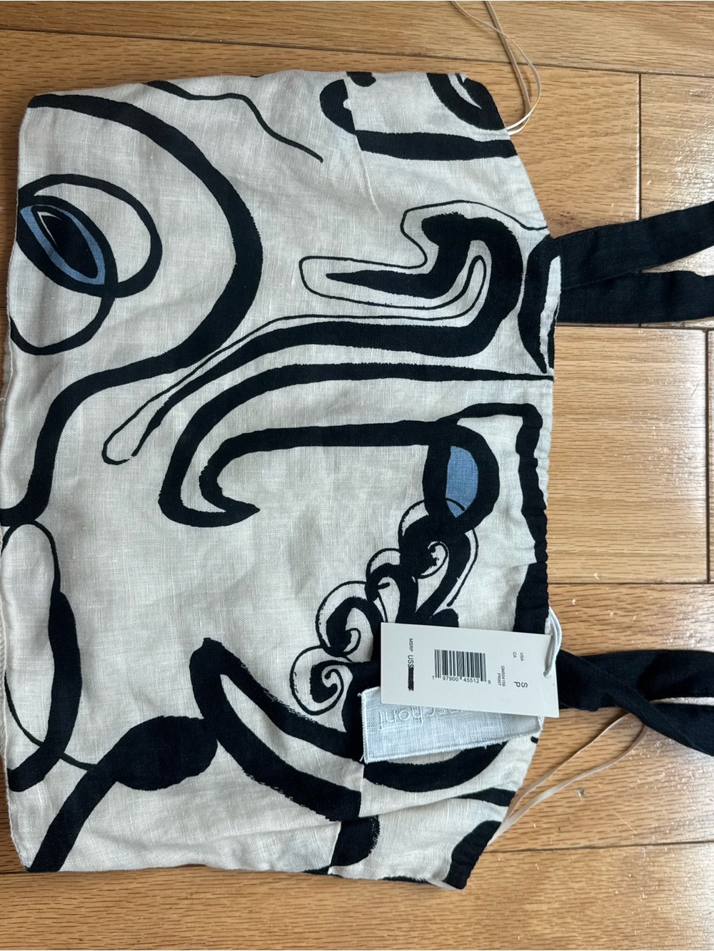 Magaschoni White Linen Crop Top with Black & Blue Abstract Print